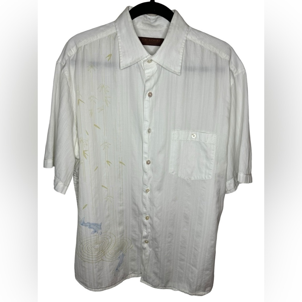 Tori Richard Honolulu Hawaiian Top Size L Cream Blue Fish